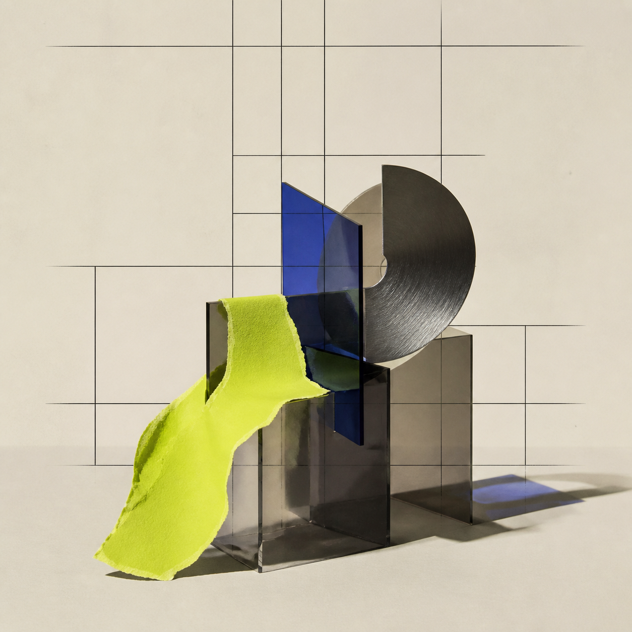 A computational still life made from smoked acrylic, brushed metal, cobalt glass, and fluorescent chartreuse paper